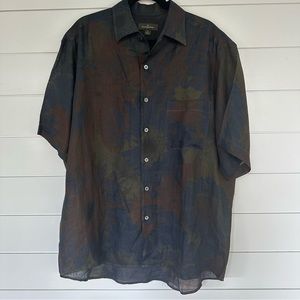 Ermenegildo Zegna Green Camouflage Short Sleeve Linen Shirt